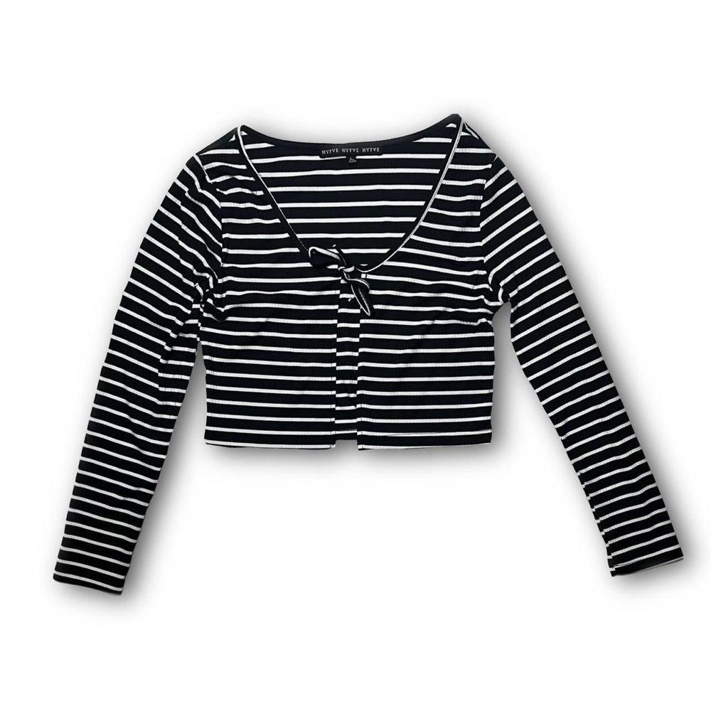 Y2K black white stripe tie front shrug cardigan L